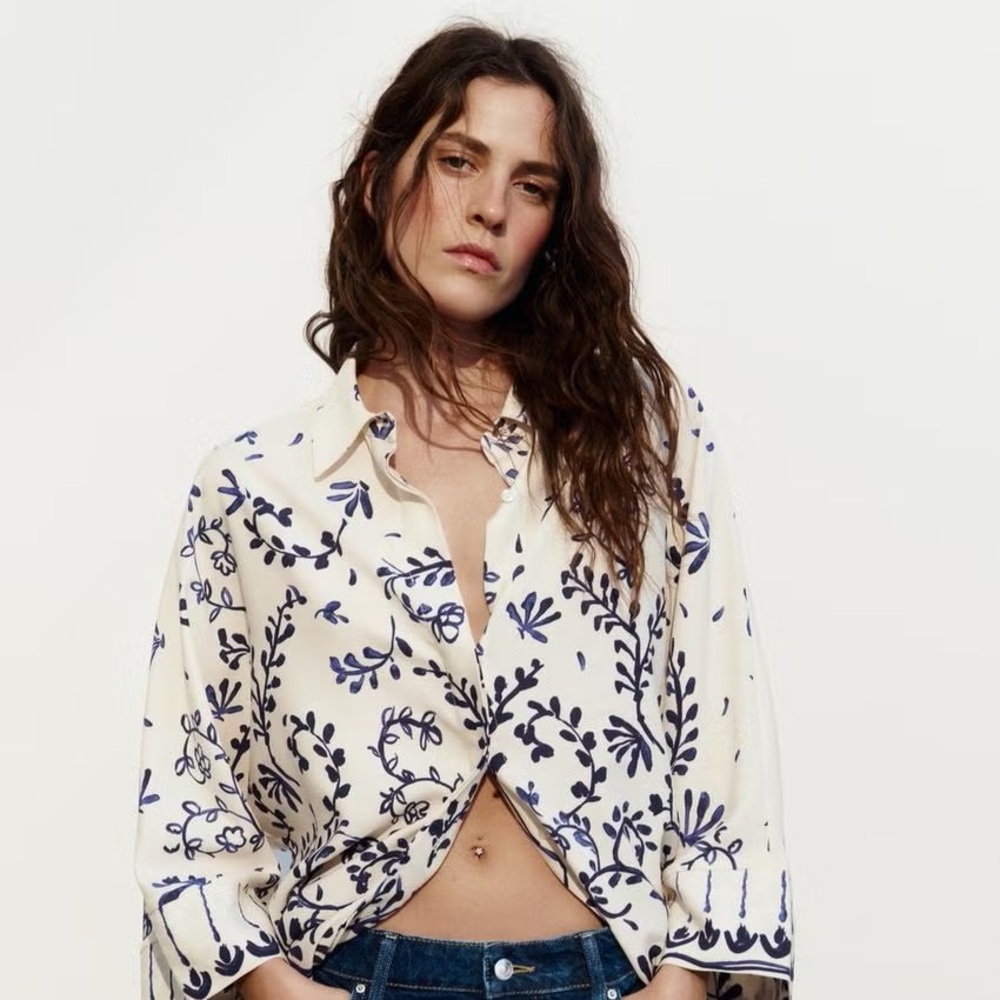 ZARA Cream & Blue Floral Print Button-Up Blouse | Lightweight Linen Blend Top